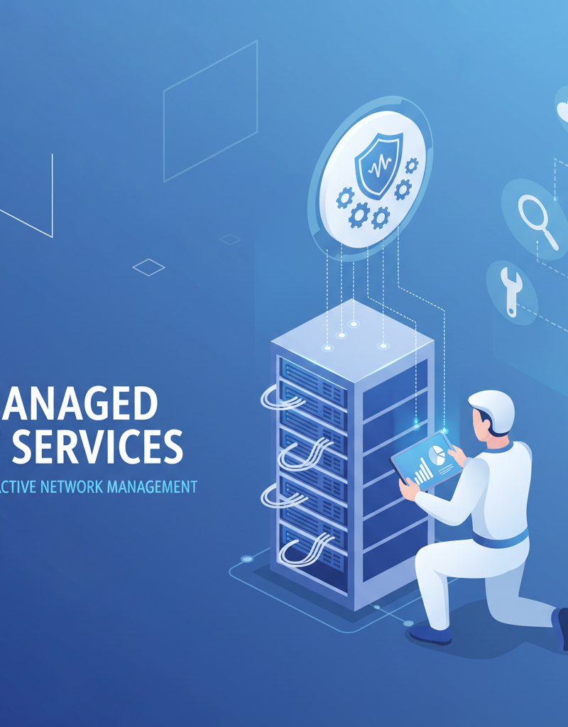 A technician working on a server rack, highlighting the proactive network management aspect of Managed IT Services.