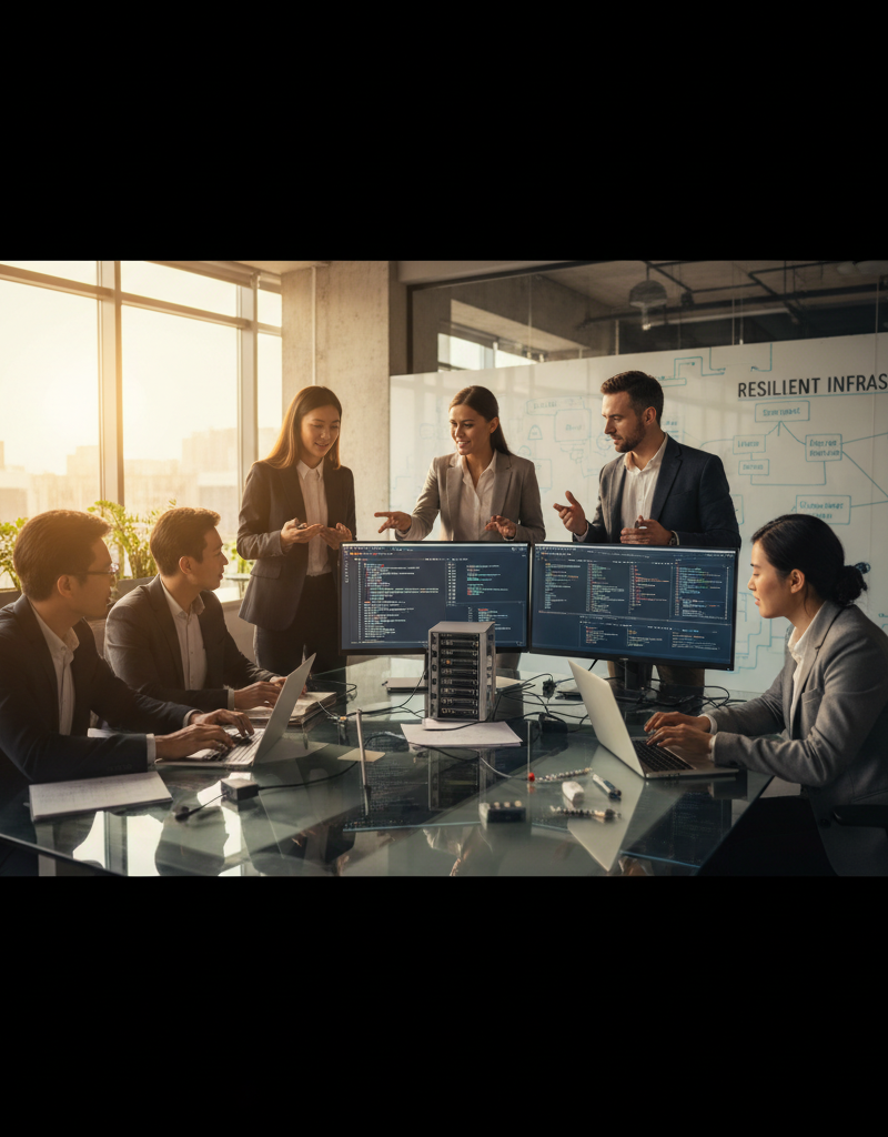 A diverse team of IT professionals collaborating in a modern office environment, symbolising the collaborative approach to building a resilient IT infrastructure.