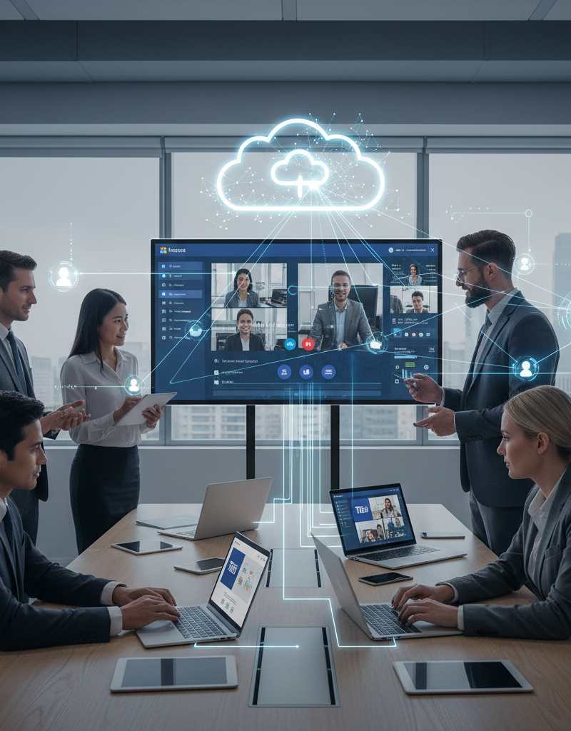 A business team collaborating on a project using Microsoft Teams on various devices, with a focus on cloud connectivity and seamless teamwork.