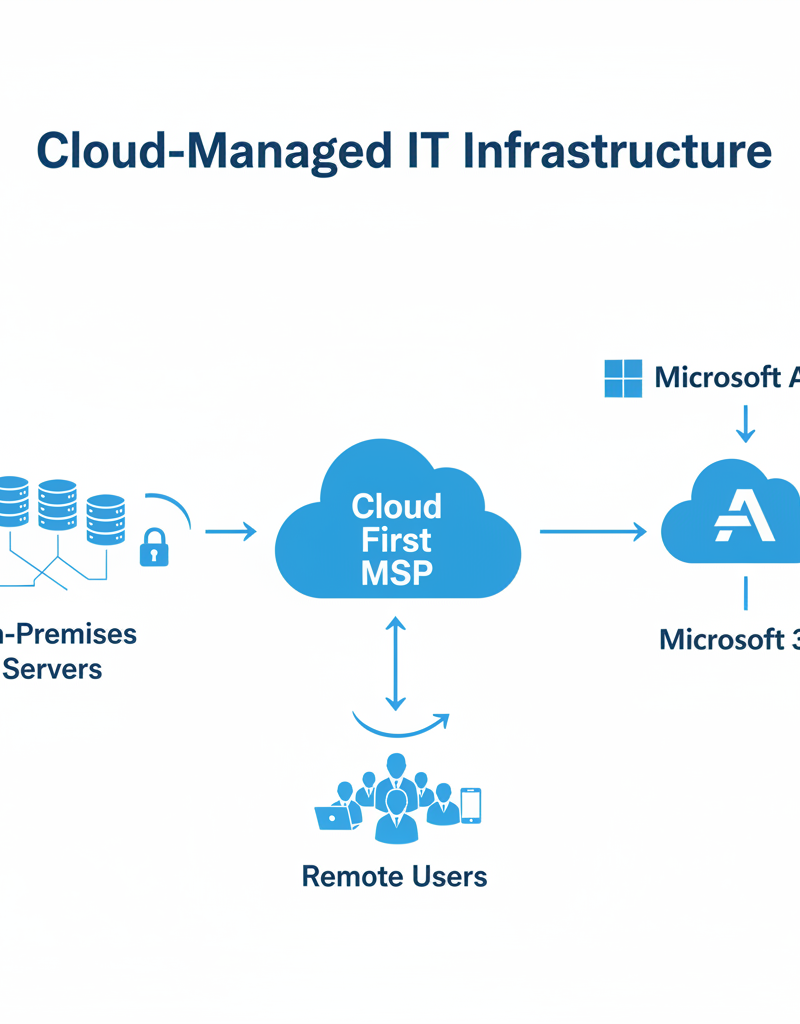 A network diagram illustrating the connection between on-premises servers, cloud services (Azure and Microsoft 365), and remote users, highlighting the role of a Cloud First MSP in managing the entire infrastructure.