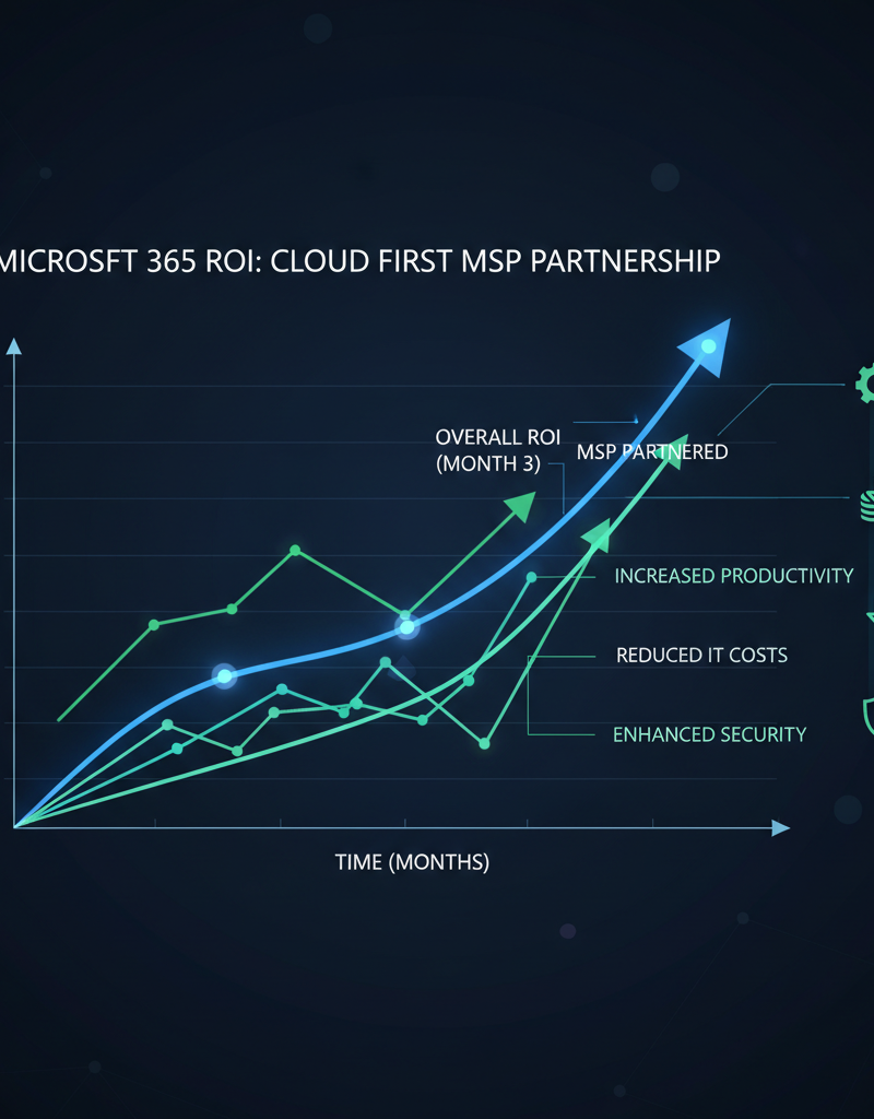 A graph illustrating the ROI (Return on Investment) of Microsoft 365 after partnering with a Cloud First MSP, showing increased productivity, reduced IT costs, and enhanced security.