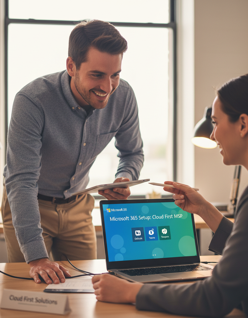 A smiling IT professional assisting a client with their Microsoft 365 setup, showcasing the human element of a Cloud First MSP.