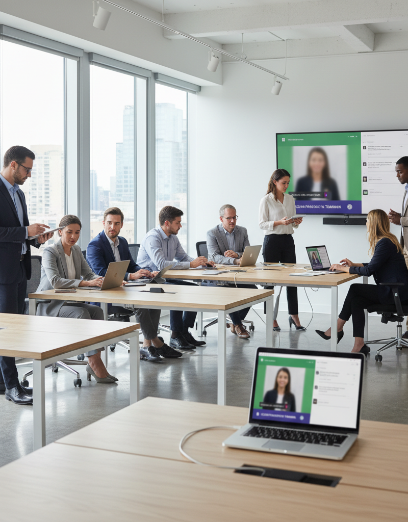 A diverse team of professionals collaborating seamlessly in a modern, brightly lit office space, using laptops and tablets. Microsoft Teams interface is visible on screens, showcasing secure, productive teamwork.
