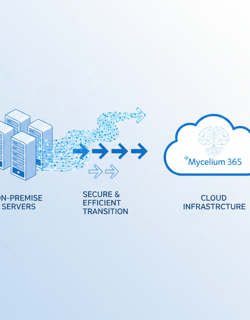 A visual representation of data flowing smoothly from on-premise servers into a cloud icon, with arrows indicating a secure and efficient transition. A Mycelium 365 logo is subtly integrated.