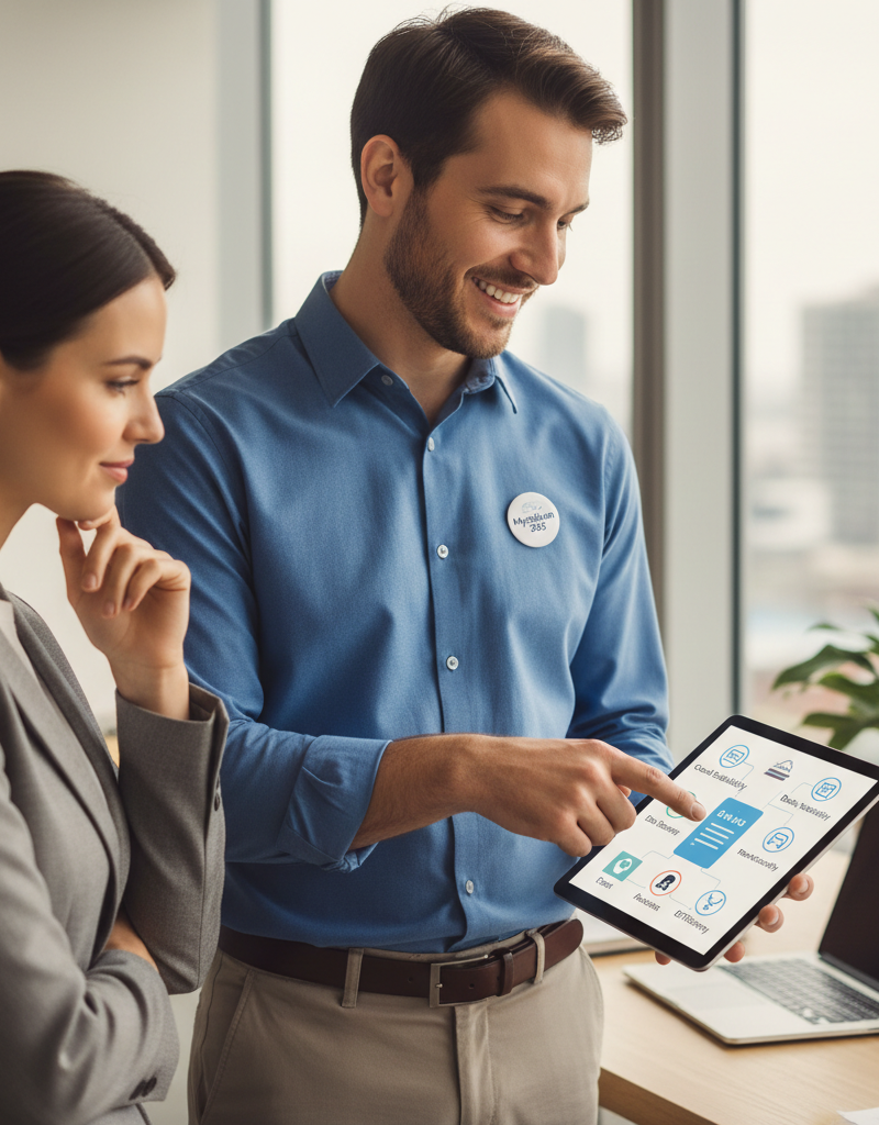 A professional, smiling Mycelium 365 IT consultant engaging with a business owner in a modern office, pointing to a tablet screen displaying cloud solution benefits.