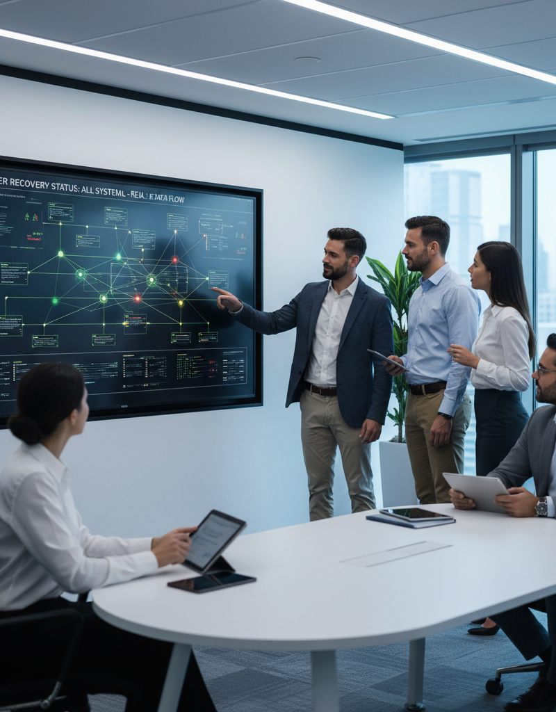 Office workers collaborating around a large screen displaying a network diagram with real-time status indicators. The atmosphere is focused yet calm, reflecting the effectiveness of a well-implemented disaster recovery plan.