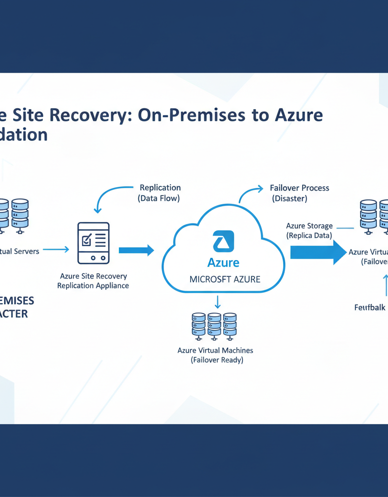 Diagram illustrating the process of replicating on-premises servers to Azure using Azure Site Recovery. Arrows indicate the flow of data and the failover process in case of a disaster.
