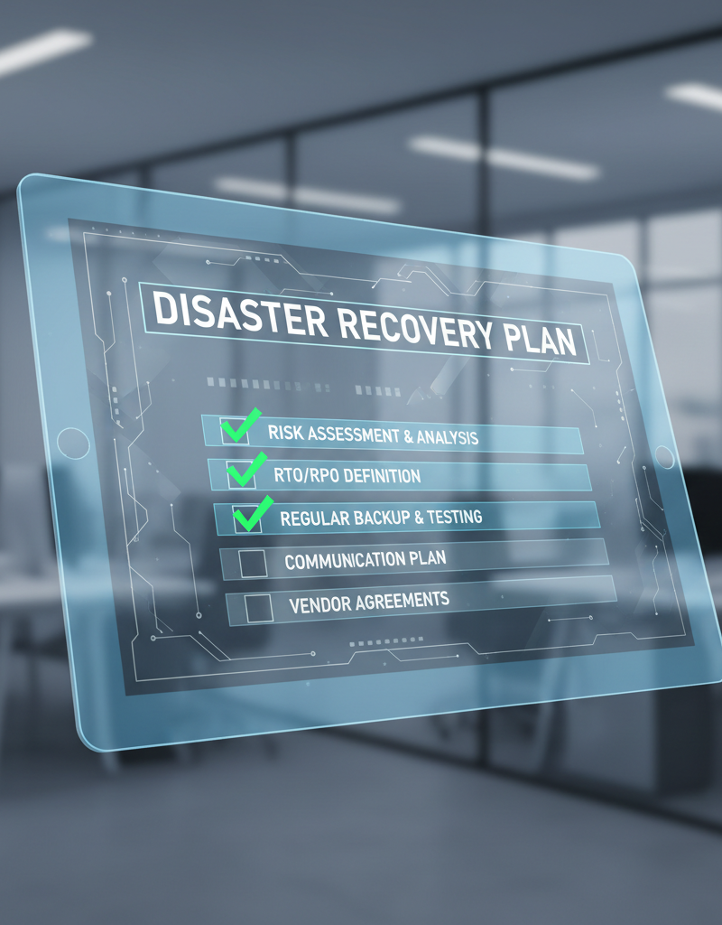 A checklist on a tablet screen, highlighting key steps in a disaster recovery plan, such as risk assessment, RTO/RPO definition, and regular testing. The background is a blurred office environment.