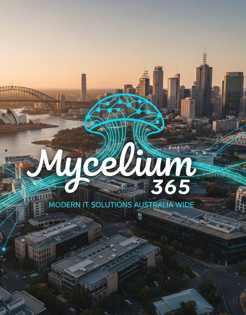 Mycelium 365 logo superimposed on a cityscape background, representing the company's presence in major Australian cities and its focus on modern IT solutions.