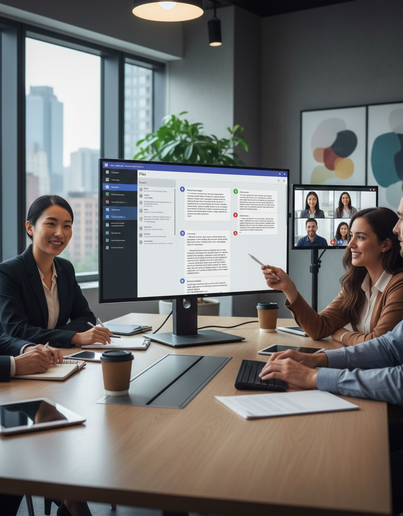 A diverse team collaborating seamlessly on documents within a Microsoft Teams interface, showcasing integrated file sharing and communication.