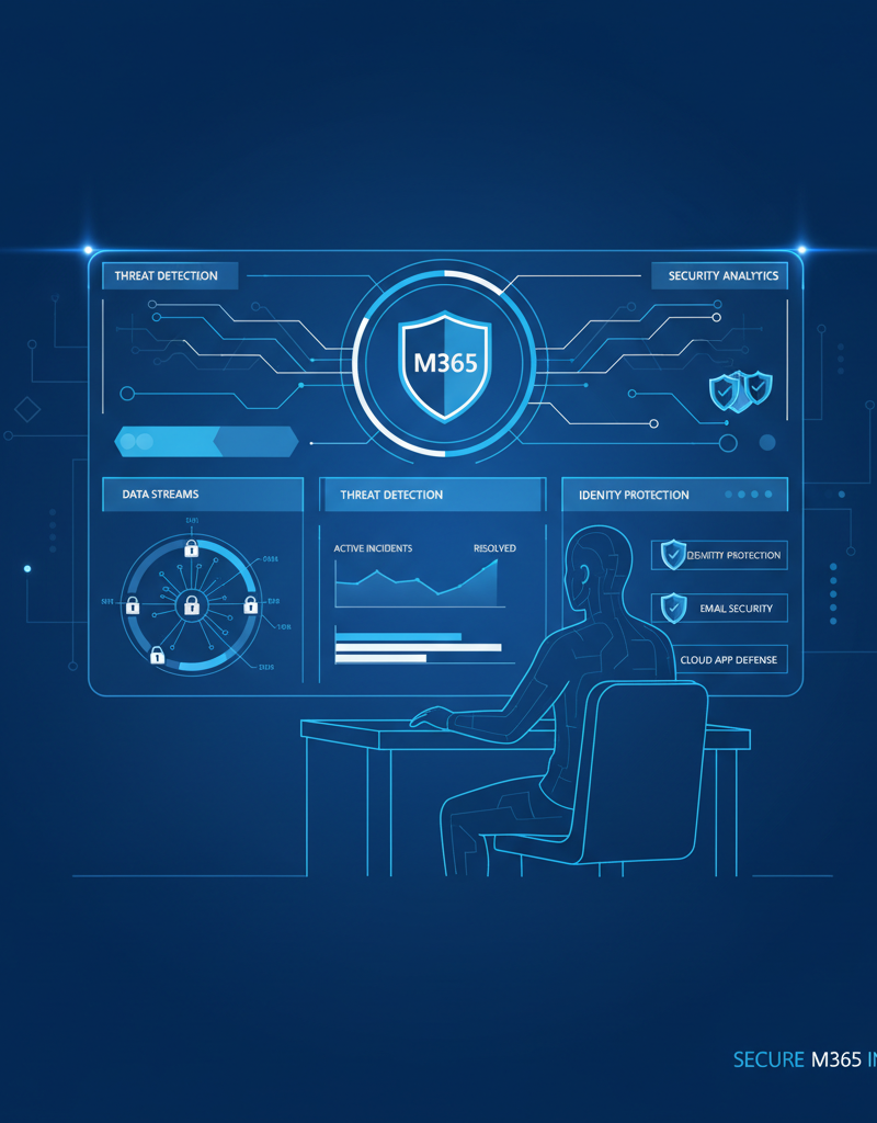 A cybersecurity expert monitoring a dashboard displaying threat detection and security analytics for a Microsoft 365 environment, symbolising advanced protection.