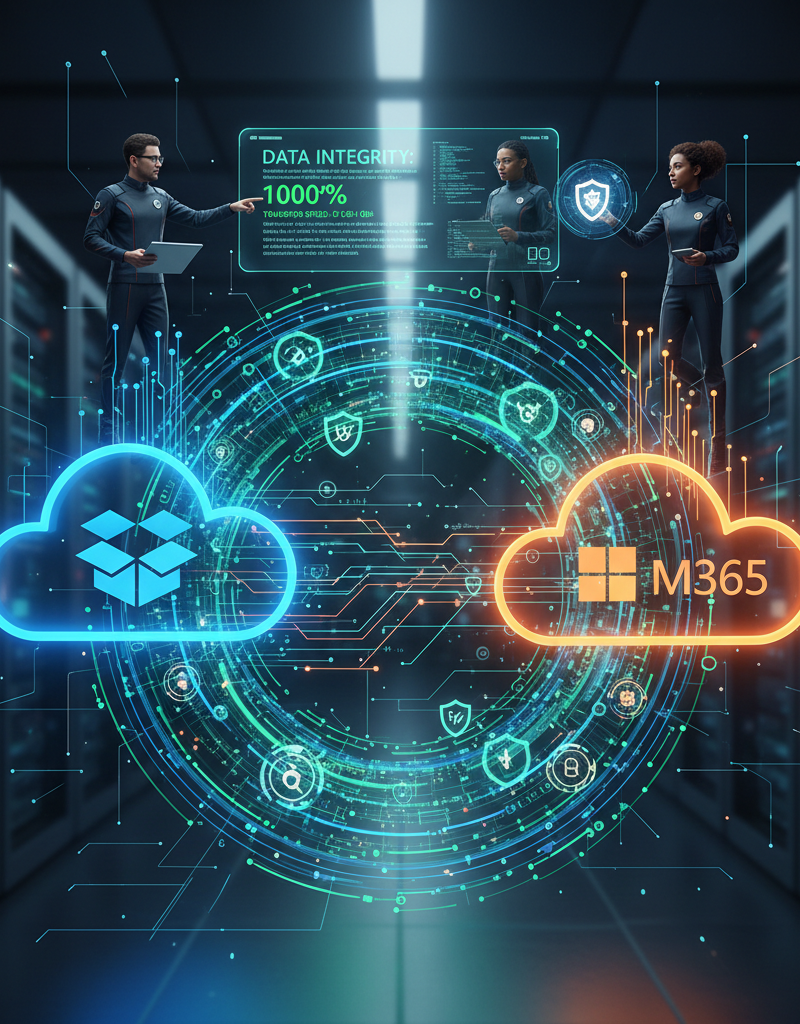 A visual representation of data flowing securely from a Dropbox cloud icon to a Microsoft 365 cloud icon, overseen by a professional IT team.