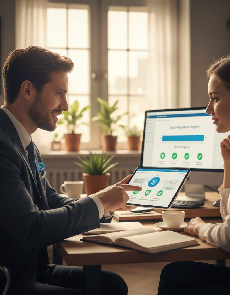 A Mycelium 365 expert consulting with a business owner, pointing to a tablet displaying cloud migration progress and security features.