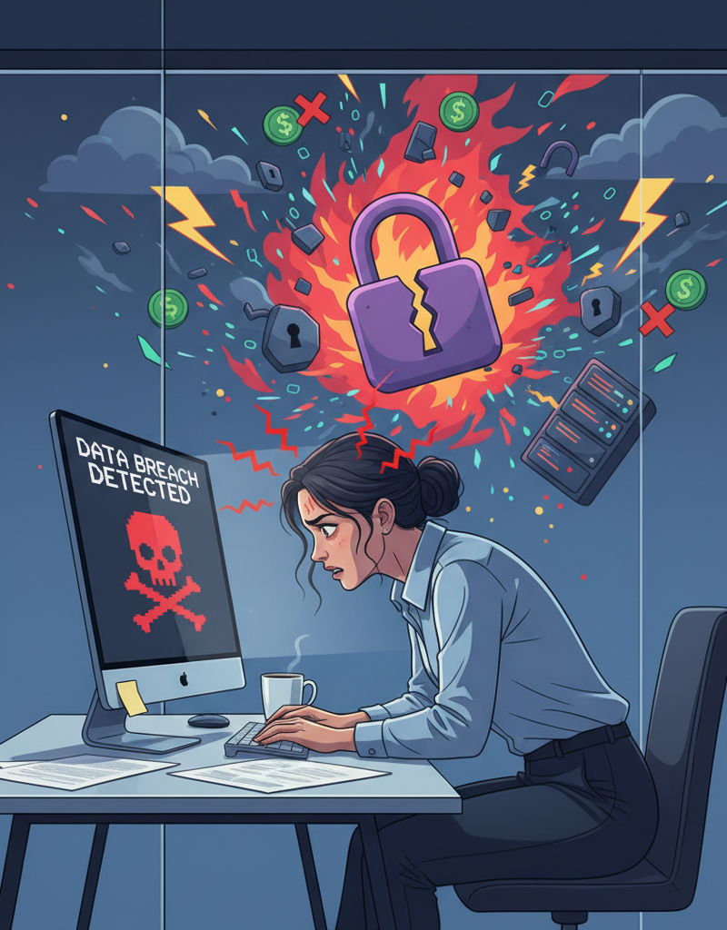Office worker looking stressed at their computer, with a depiction of a data breach in the background.