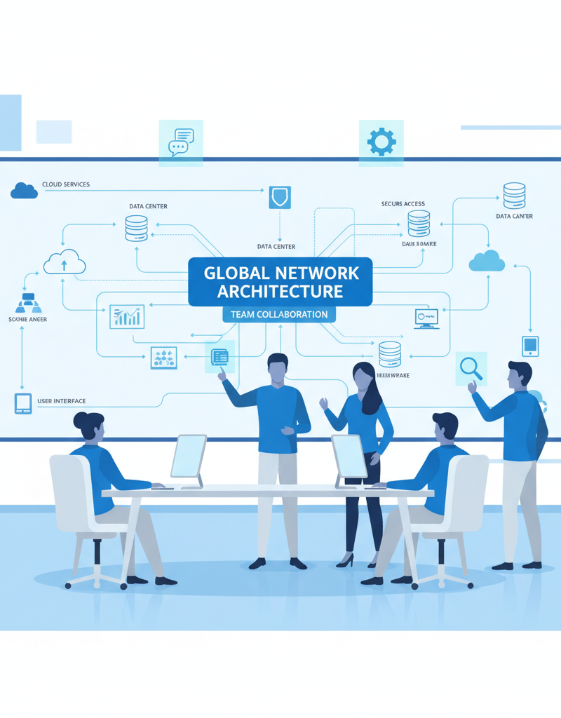 A team of IT professionals collaborating around a large screen displaying a network diagram.
