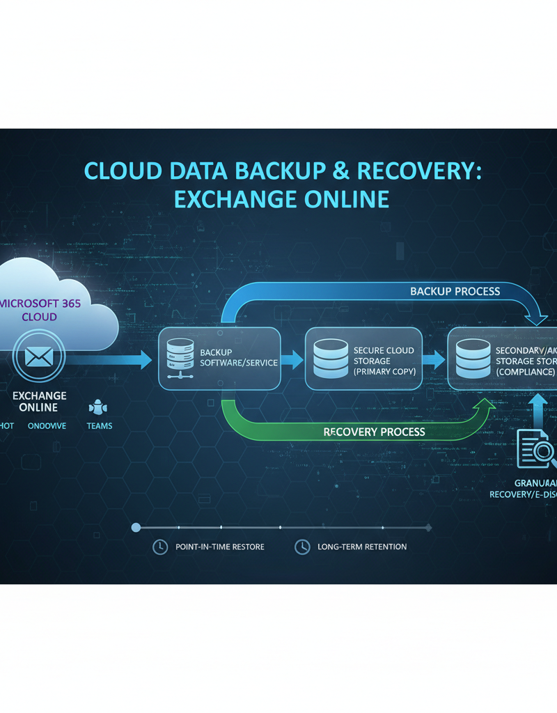 A simplified diagram illustrating the flow of data backup and recovery in a cloud environment, with emphasis on Exchange Online.
