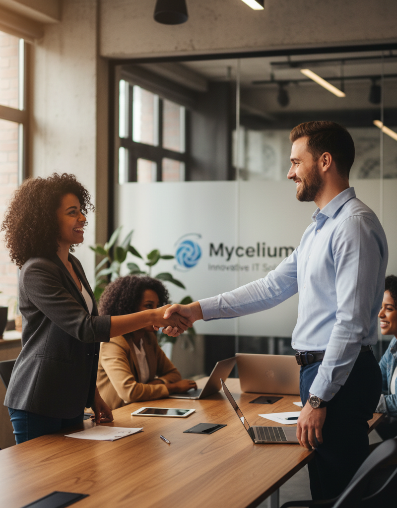 A Mycelium 365 team member smiling and shaking hands with a client in a modern office setting.