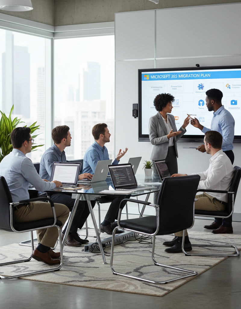 A team of IT professionals collaborating on a Microsoft 365 migration, showcasing a modern office environment with laptops and a whiteboard.