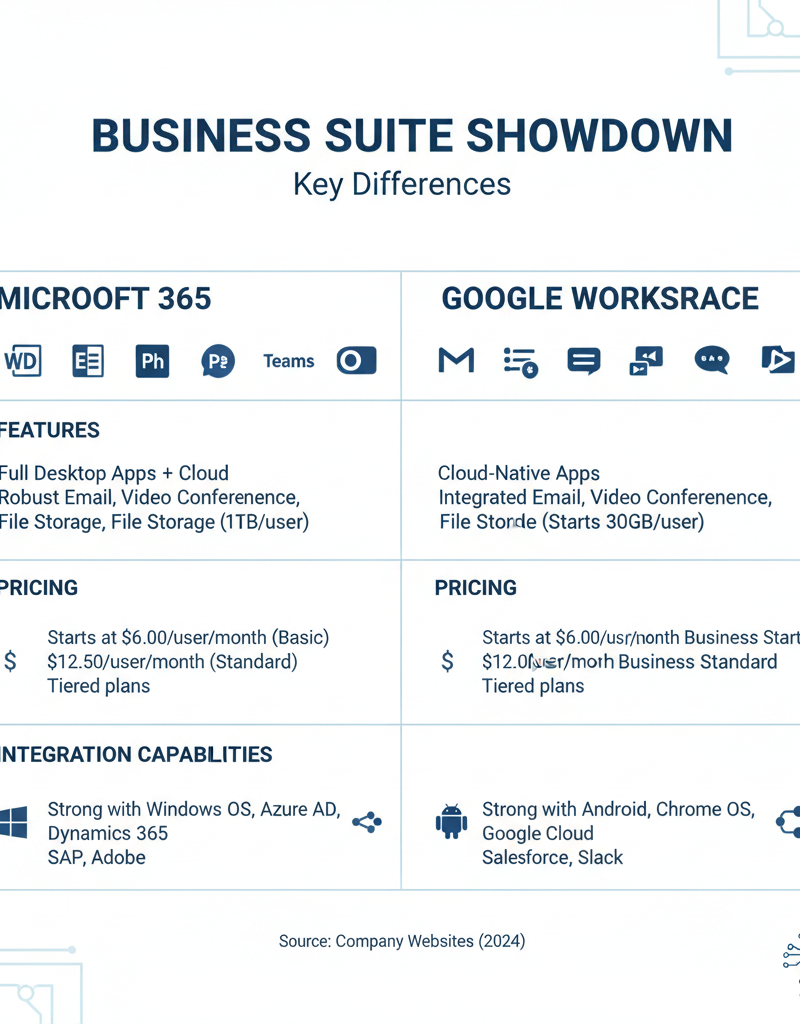 A comparison table highlighting the key differences between Microsoft 365 and Google Workspace for business, focusing on features, pricing, and integration capabilities.