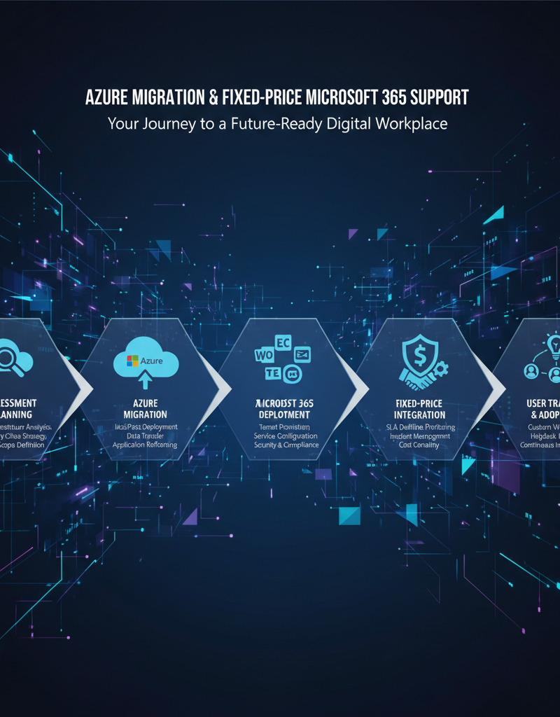An infographic illustrating the steps involved in migrating to Azure and implementing fixed price Microsoft 365 support, from assessment to user training.