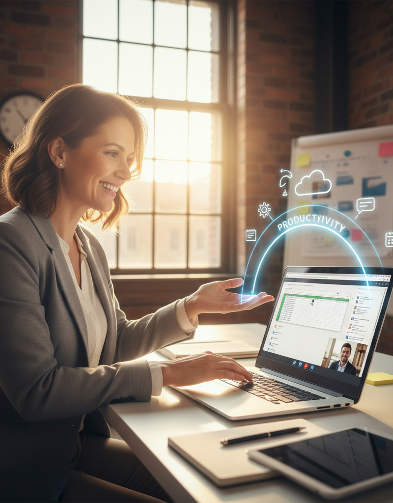 A satisfied business owner using Microsoft 365 on their laptop, showcasing the benefits of enhanced productivity and collaboration.