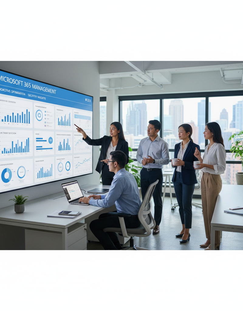 A team of IT professionals collaborating in a modern office environment, reviewing data on a large screen, showcasing proactive Microsoft 365 management.