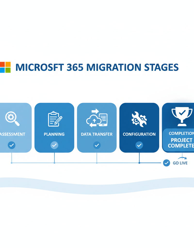A progress bar illustrating the stages of a Microsoft 365 migration, from assessment to completion, with icons representing data transfer and configuration.