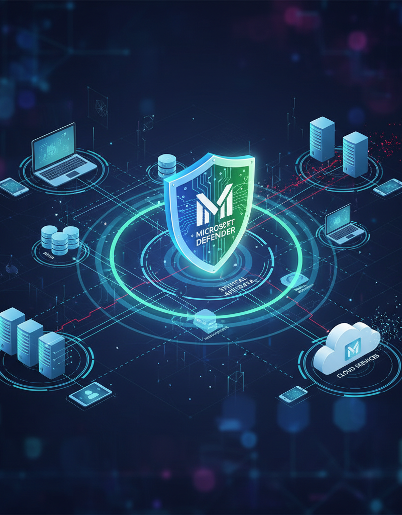 A digital shield icon representing Microsoft Defender, overlaid on a network diagram, highlighting the protection of data and systems.