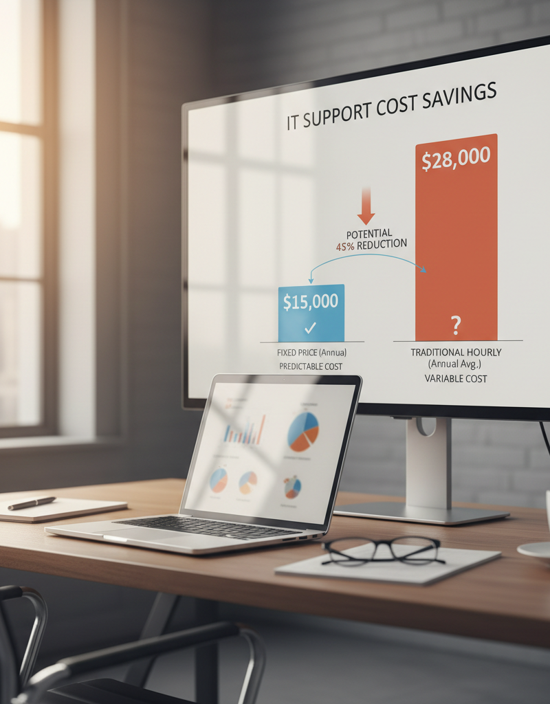 A bar graph comparing the cost savings of fixed price Microsoft 365 support versus traditional hourly IT support, illustrating the predictability and potential cost reduction.