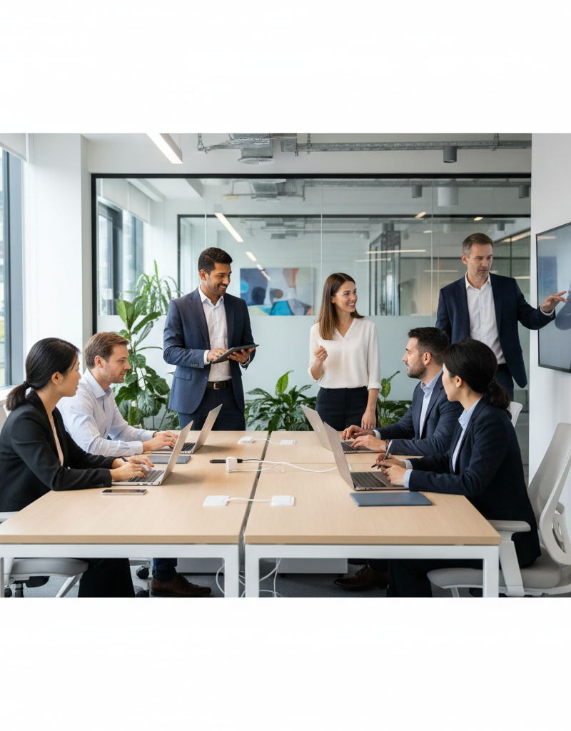 A diverse team of business professionals collaborating seamlessly in a modern, brightly lit office space, using laptops and tablets.