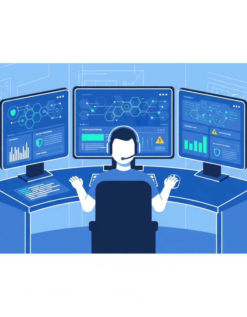 A cybersecurity expert monitoring multiple screens displaying network security dashboards and device compliance reports.