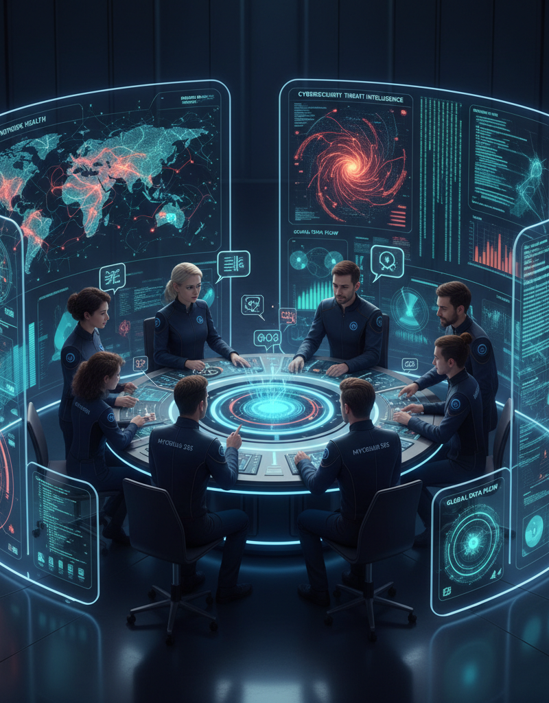 A team of IT professionals from Mycelium 365 collaborating in a control room, monitoring network health and security alerts across multiple screens.