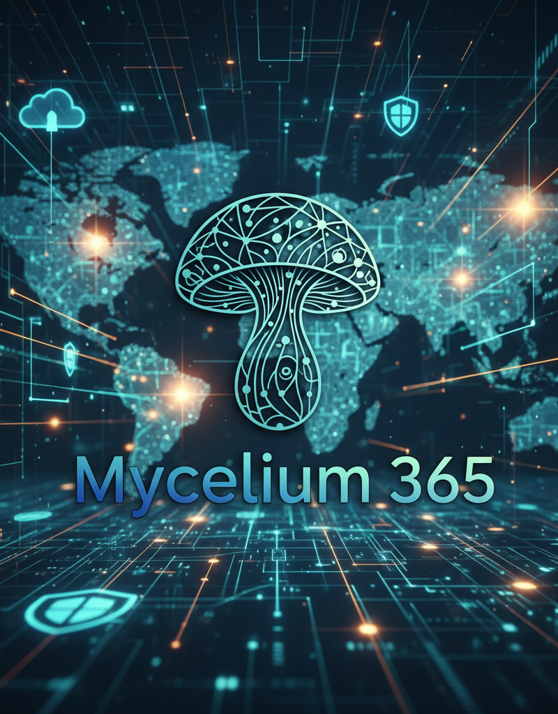 A stylised Mycelium 365 logo overlaid on a background of interconnected digital networks, symbolising comprehensive IT management.