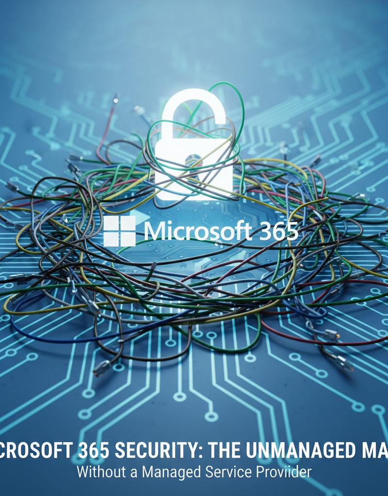A graphic showing a tangled web of wires representing the complexity of managing Microsoft 365 security without a managed service provider.