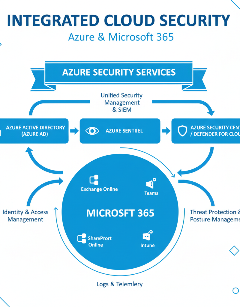 A diagram illustrating the integration of Azure security services with Microsoft 365, highlighting key components like Azure AD, Azure Sentinel, and Azure Security Center.