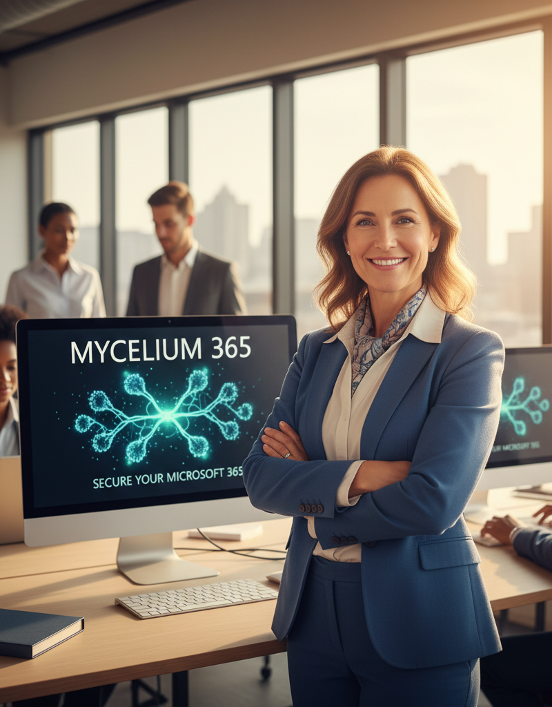 A happy business owner smiling confidently, symbolizing the peace of mind that comes with having Mycelium 365 manage their Microsoft 365 security.