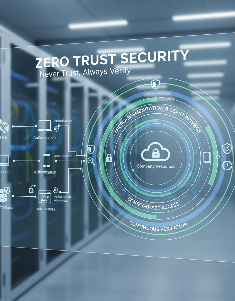 A diagram illustrating the principles of Zero Trust Security, showing layers of verification and access control for users, devices, and applications accessing company resources.