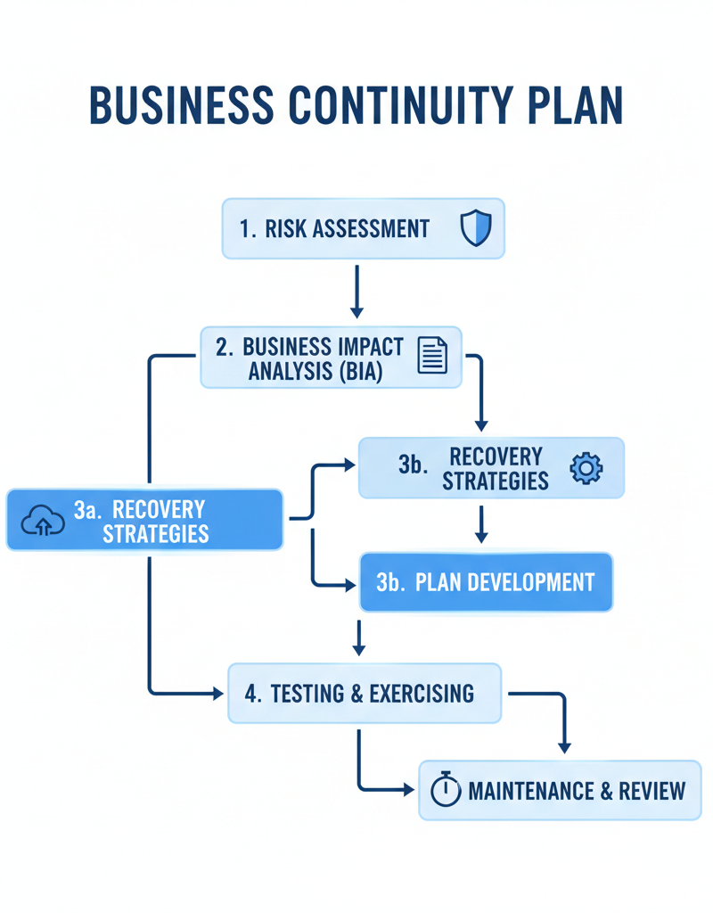 A flowchart outlining the steps involved in a Business Continuity plan, including risk assessment, impact analysis, recovery strategies, and testing.
