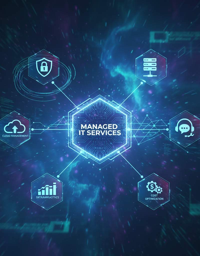 A graphic depicting Managed IT Services as a central hub connecting various IT functions, such as cybersecurity, cloud management, and helpdesk support.