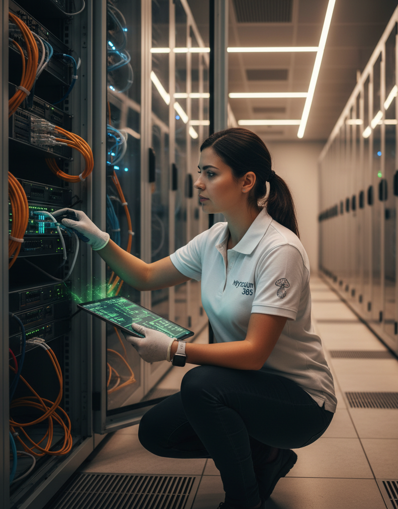 A professional-looking image of a Mycelium 365 IT specialist working on a server rack in a modern data center, highlighting the company's expertise in managing complex IT infrastructure.
