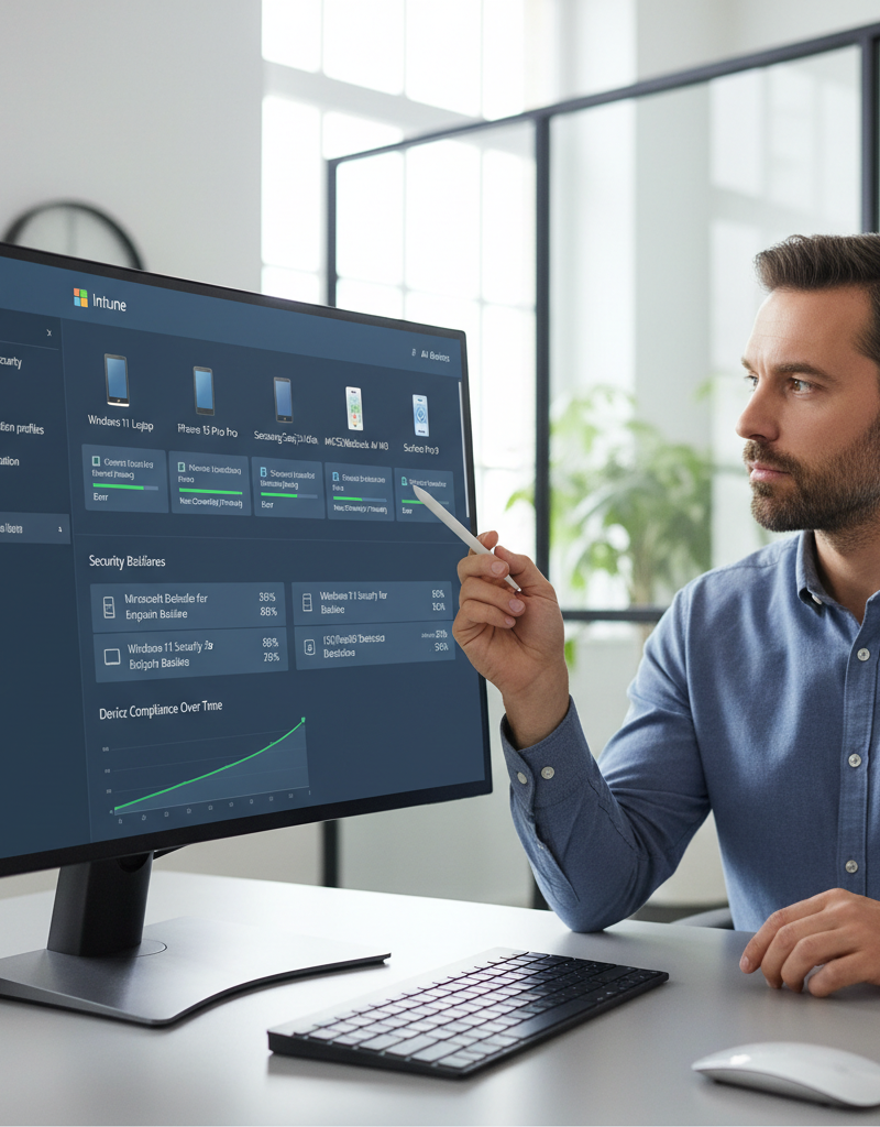 An IT administrator managing devices through the Microsoft Intune console, showcasing various device types and security settings.