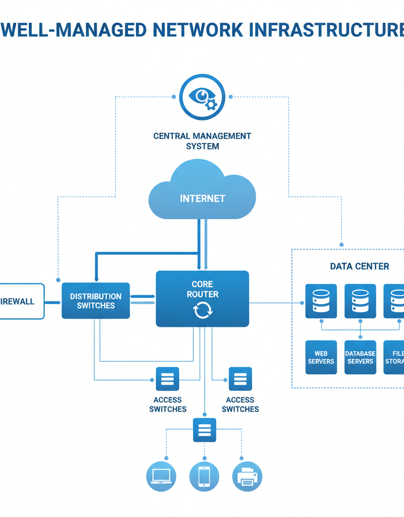 A diagram illustrating a well-managed network infrastructure with various components such as routers, switches, firewalls, and servers, all interconnected and monitored by a central management system.