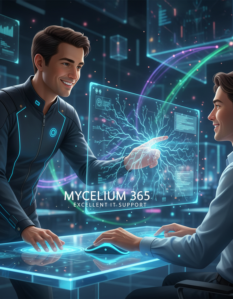 A friendly IT support technician assisting a user with a technical issue, showcasing Mycelium 365's commitment to providing excellent IT support.