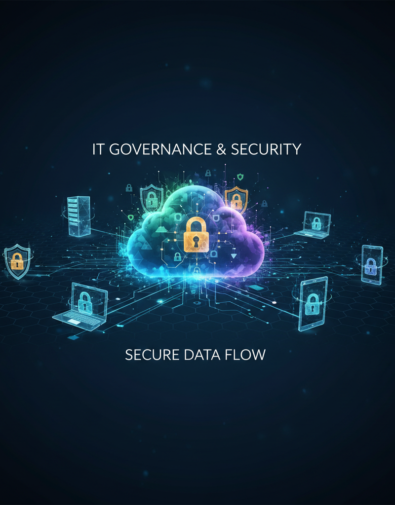 Abstract representation of data flowing securely through a cloud environment, with padlock icons and a network of connected devices, symbolising IT governance and security. Professional, digital art style.