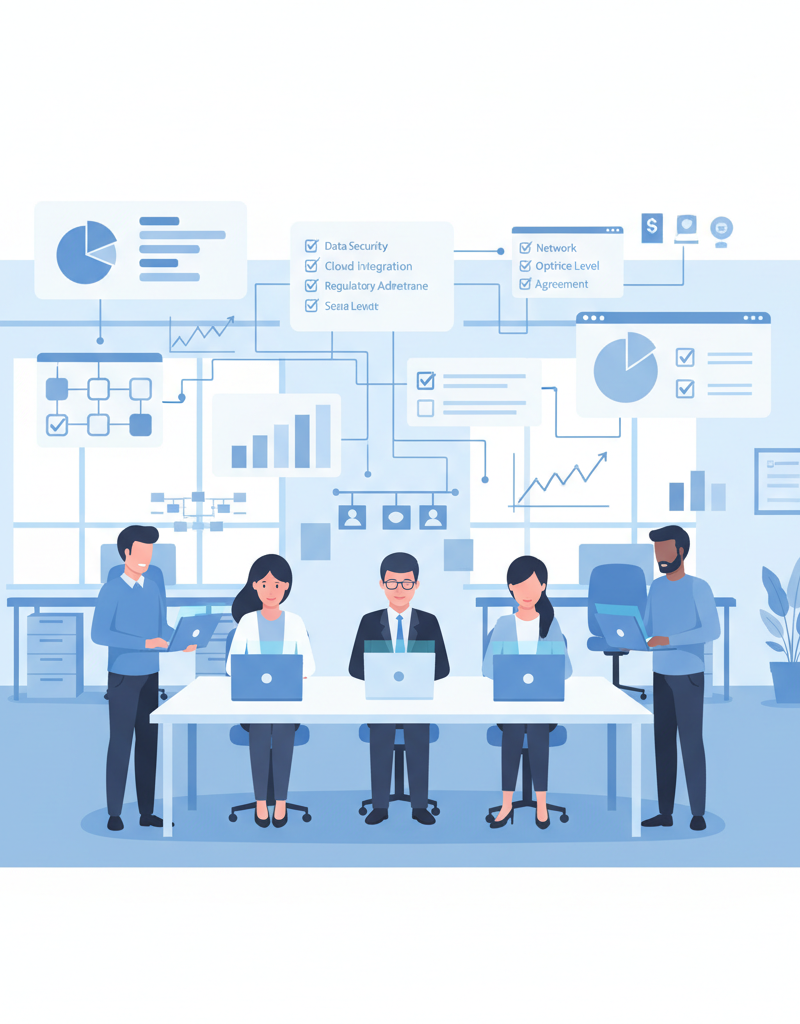 A diverse team of business professionals collaborating seamlessly in a modern office, using laptops and tablets. A subtle overlay of digital charts and compliance checklists illustrates efficient enterprise IT management.