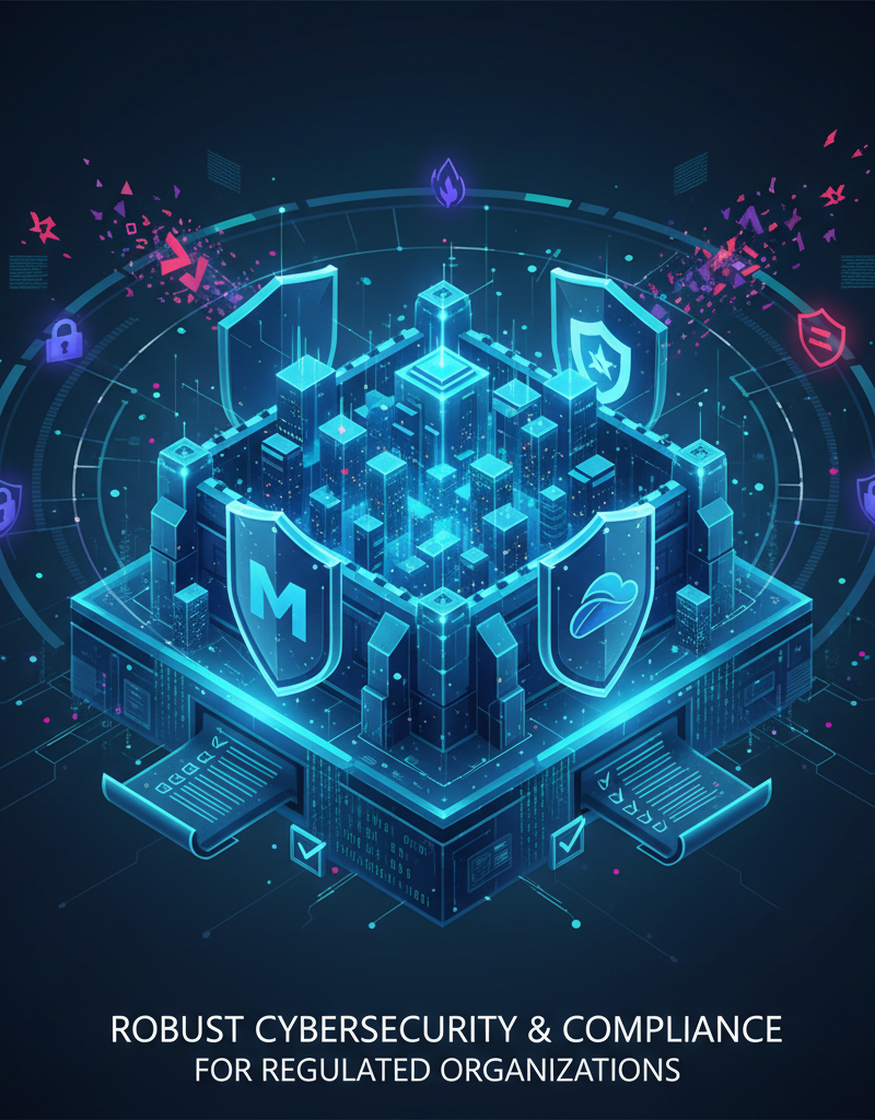 A stylised graphic depicting a shield or fortress protecting a digital city, with elements of Microsoft 365, Azure, and Defender logos subtly integrated. Represents robust cybersecurity and compliance for regulated organisations.