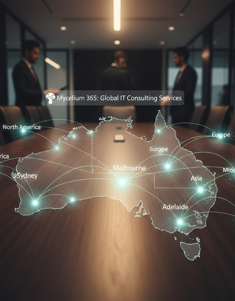 A map of Australia with glowing dots representing Melbourne, Sydney, Perth, Brisbane, and lines connecting to other global regions, illustrating Mycelium 365's widespread service capability for IT consulting services.