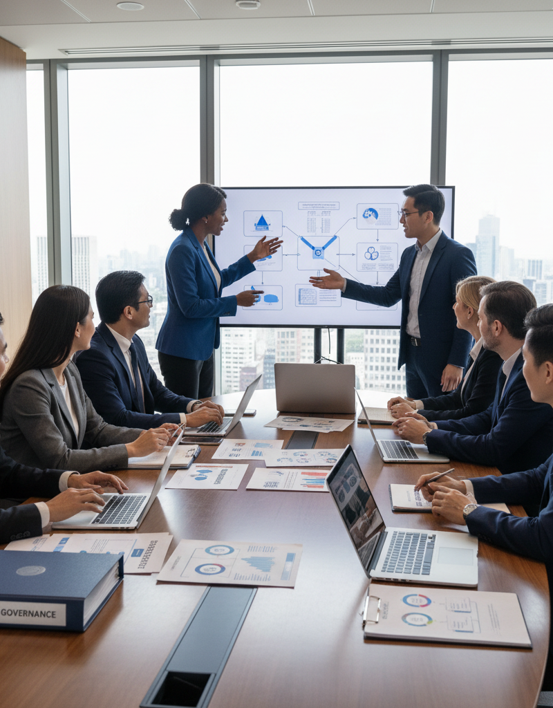A diverse team of professionals collaborating around a table with laptops and tablets, discussing IT strategy and governance documents in a modern office.