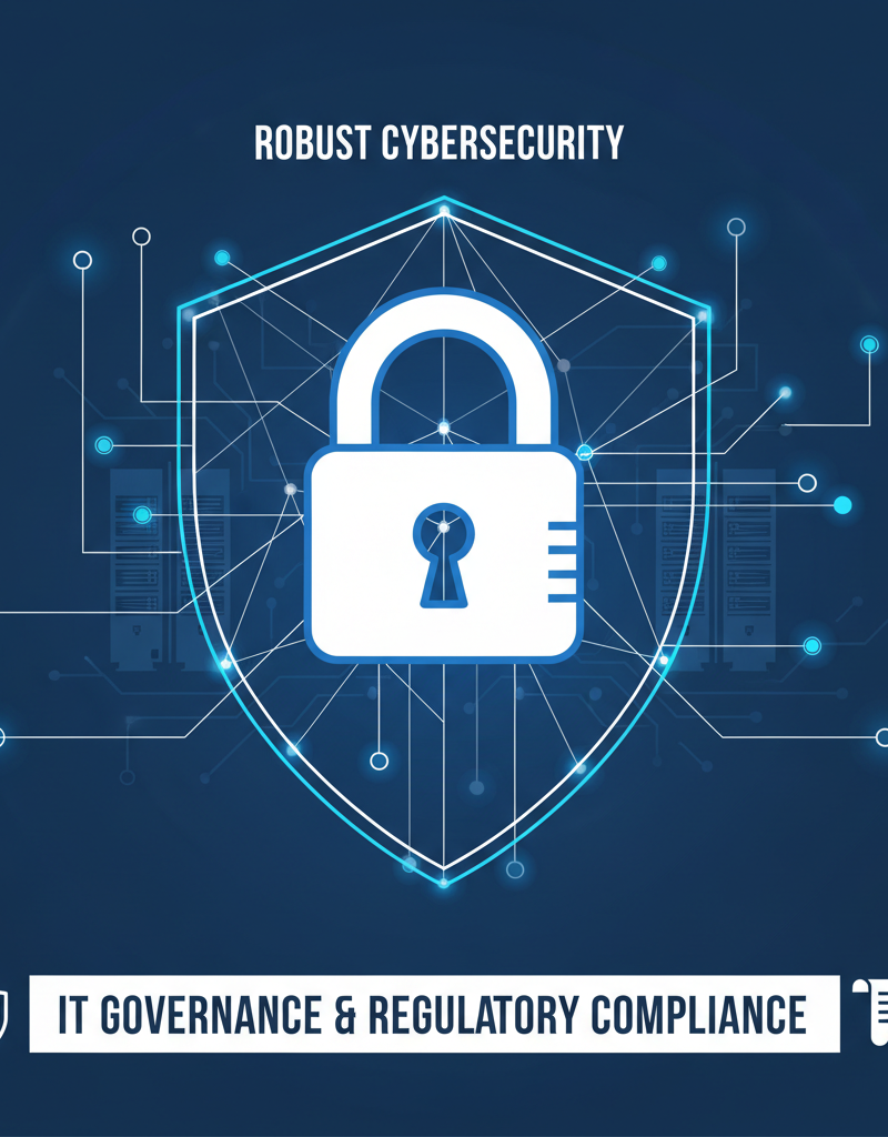 A padlock icon overlayed on a network diagram, symbolising robust cybersecurity and compliance within an IT infrastructure.