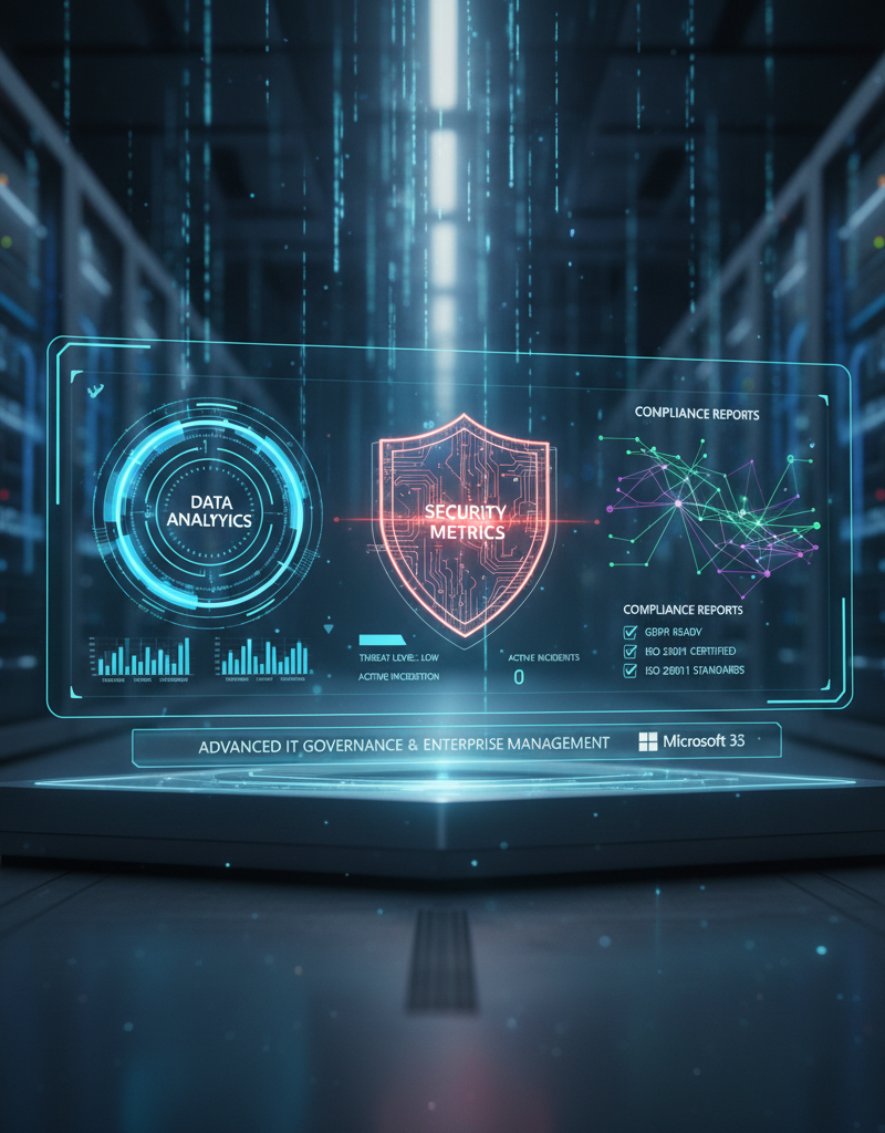 A futuristic dashboard displaying data analytics, security metrics, and compliance reports, representing advanced IT governance and enterprise management.